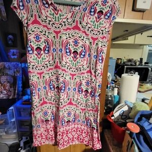 Cap-Sleeve Midi Dress in Pink Floral Medallion Print